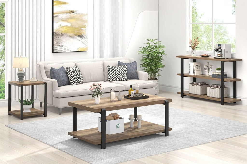 FOLUBAN Industrial Coffee Table with Shelf, Wood and Metal Rustic Cocktail Table for Living Room, Oak