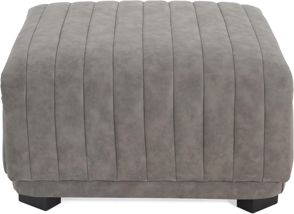 Christopher Knight Home Reyno Upholstered Ottoman with Storage for Living Room, Faux Leather Storage Ottoman Foot Rest with Side Drawers, Modern Square Coffee Table with Wooden Frame, Grey