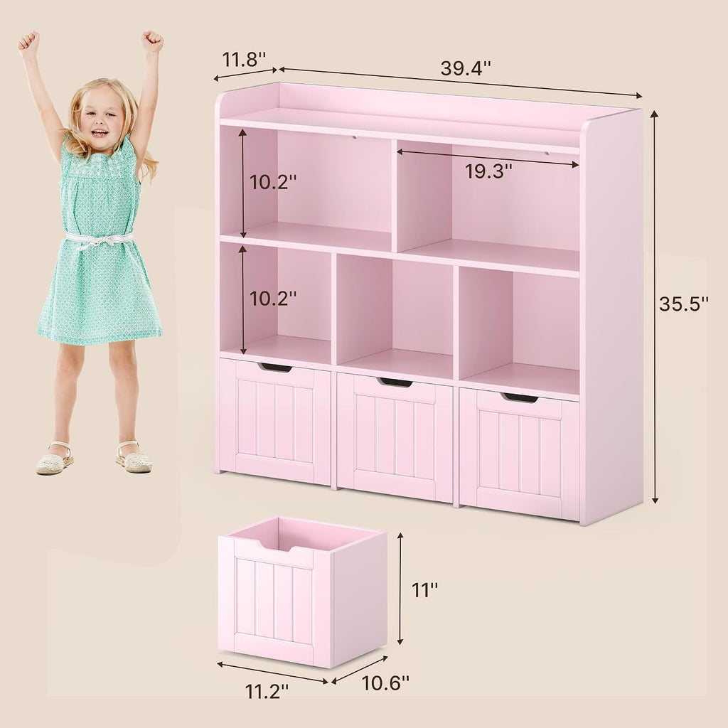 Gizoon Toy Storage Organizer with 3 Movable Drawers and 6 Open Shelves Kids Bookshelf Featuring Fall Prevention Barrier for Playroom Nursery Kids Room Organization, Pink, Painted