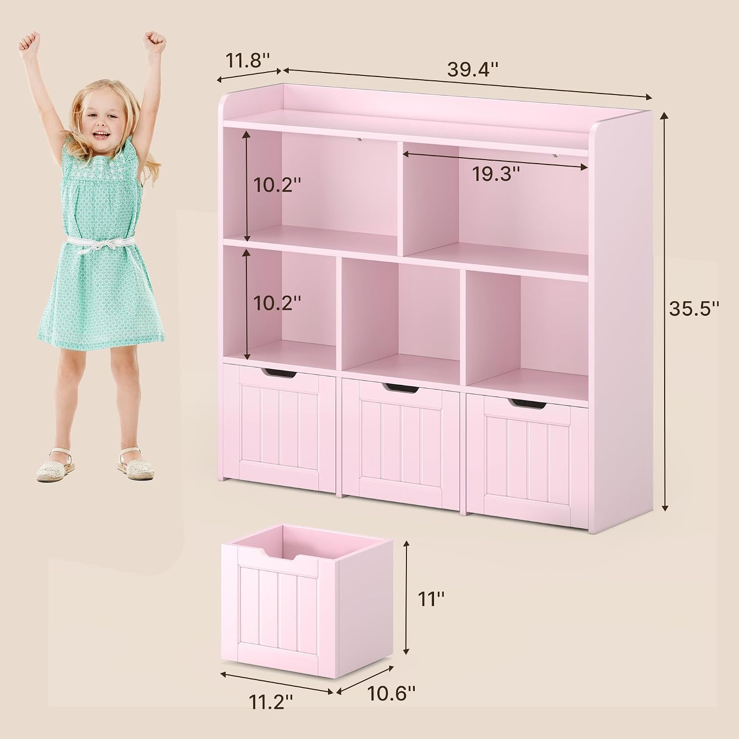 Gizoon Toy Storage Organizer with 3 Movable Drawers and 6 Open Shelves Kids Bookshelf Featuring Fall Prevention Barrier for Playroom Nursery Kids Room Organization, Pink, Painted