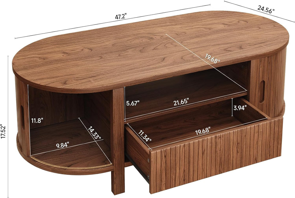 ONBRILL 47.2 Inch Oval Coffee Table with Storage, Mid Century Modern Coffee Table with Drawer, Center Table with Sliding Door and Wood Fluted Handle for Living Room, Walnut