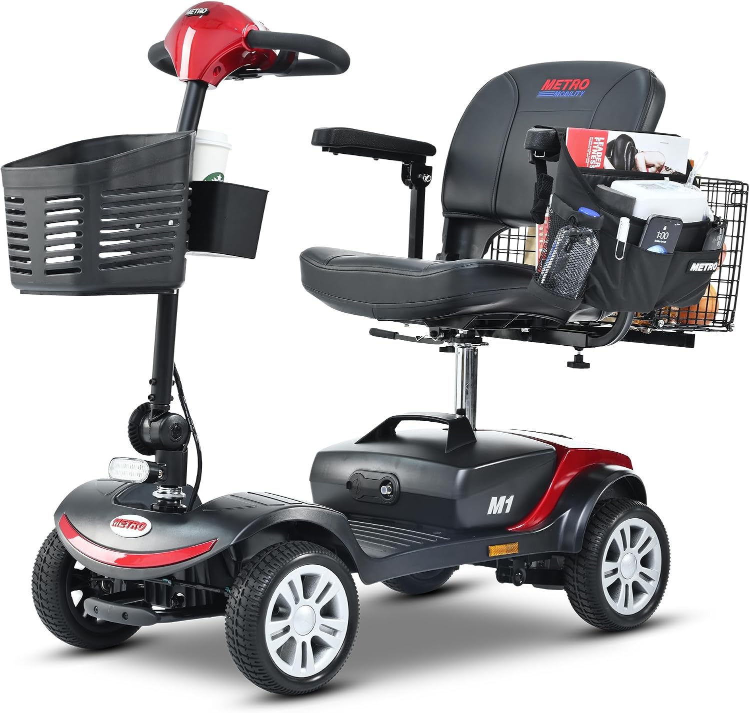 LED Lights Swivel seat Mobility Scooter, Rear Suspension, Electric wheelchairs for Seniors 300 pounds, Detachable Folding Scooter, 4 Wheel (Electric Scooter - Red)