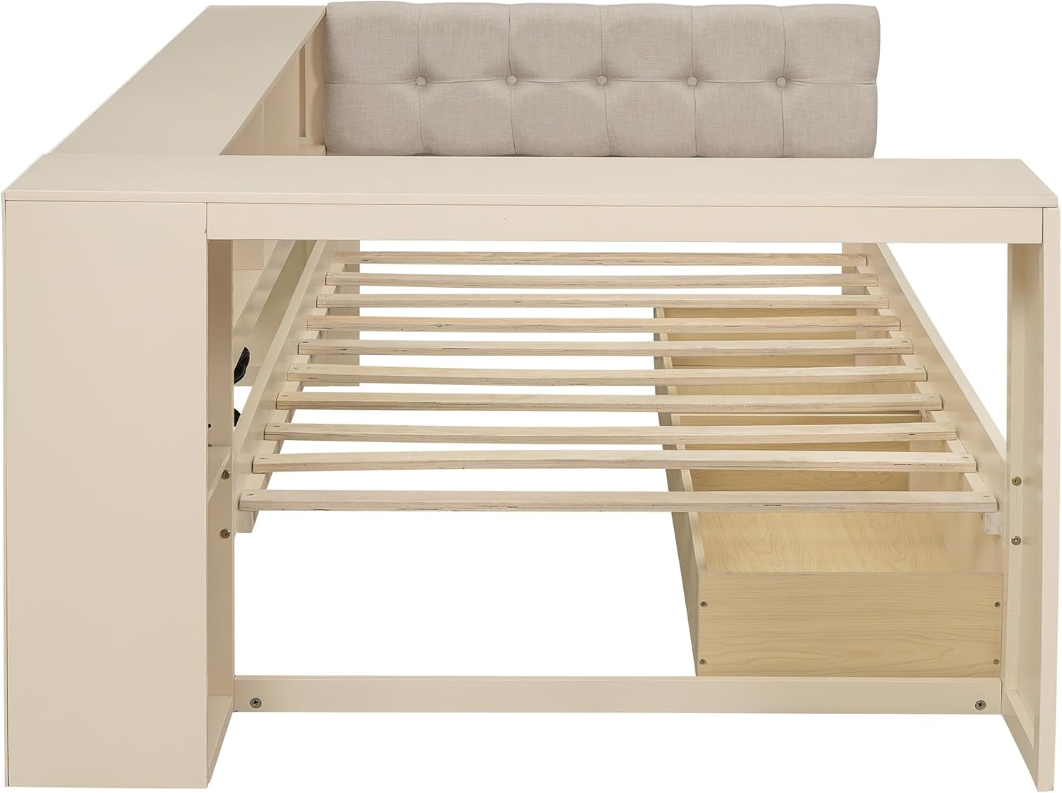 Bellemave Twin Size Corner Bed Frame with Storage Drawers and Desk,Captain Daybed with L-Shaped Bookcase,Corner Bed Frame Twin Size with Charging Station for Kids,Teens,Guests,Cream