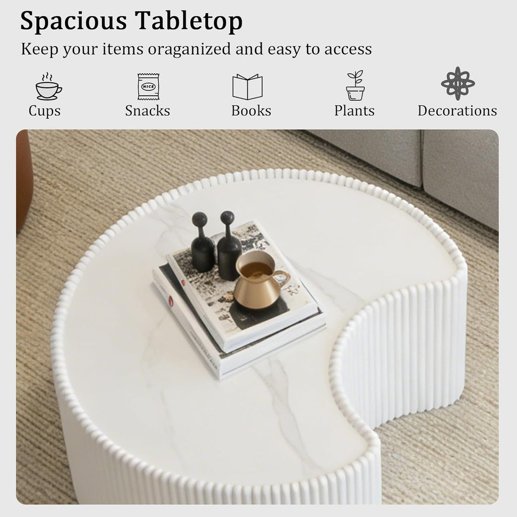 White Round Coffee Table with Sintered Stone Tabletop, 29.53' Drum Coffee Table with Fluted PU Leather Covered and Stable Base, Circle Cocktail Tea Table for Living Room