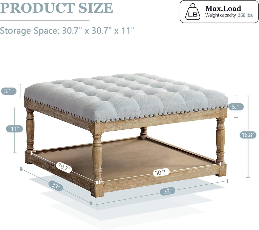 HUIMO 33-inch Large Square Ottoman Coffee Tables for Living Room, Tufted Upholstered Linen Ottoman with Storage Shelf and Solid Legs for Office Bedroom Farmhouse (Light Blue)