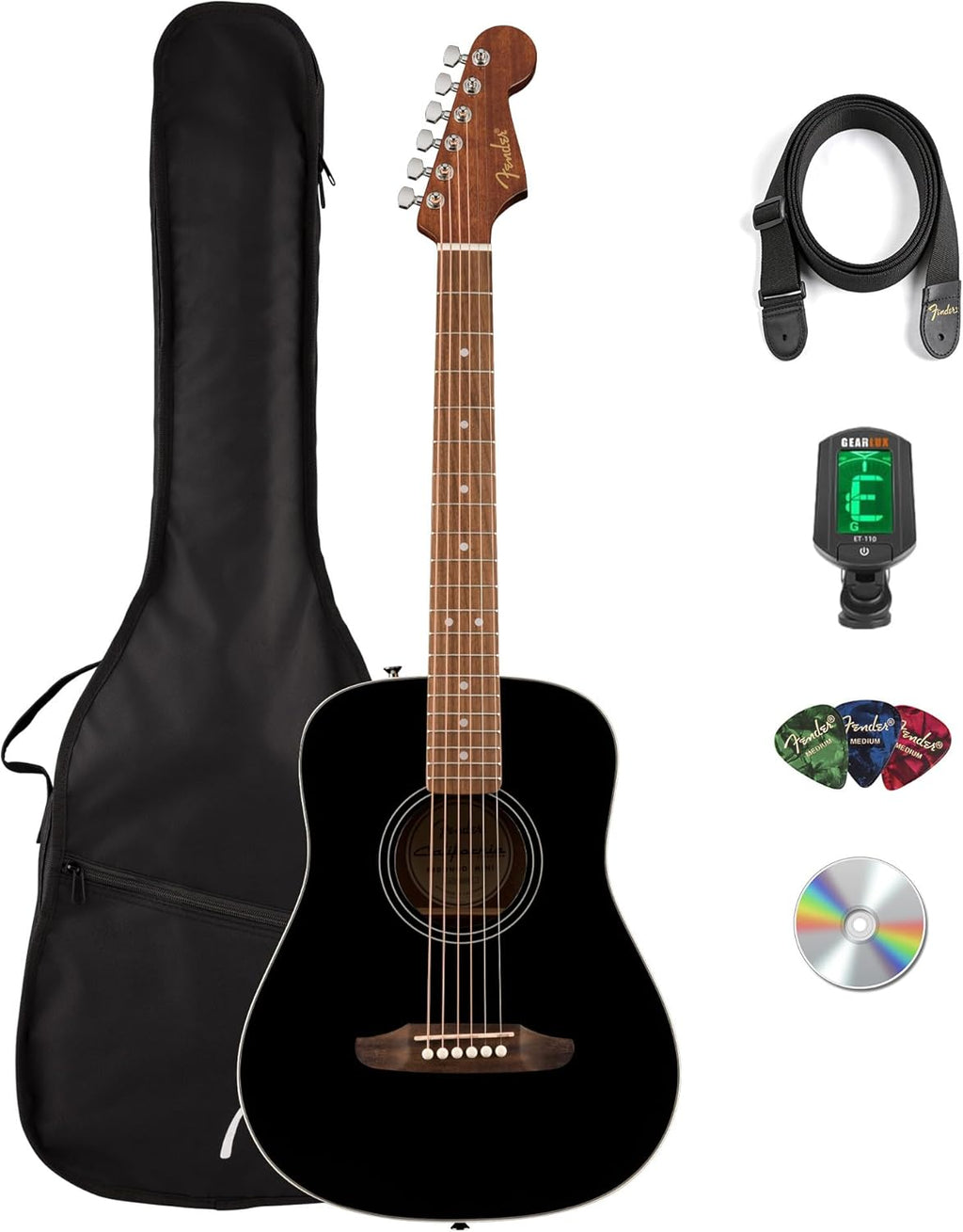 Fender California Standard Redondo Mini Acoustic Guitar - Black Bundle with Gig Bag, Tuner, Strap, Picks, and Austin Bazaar Instructional DVD