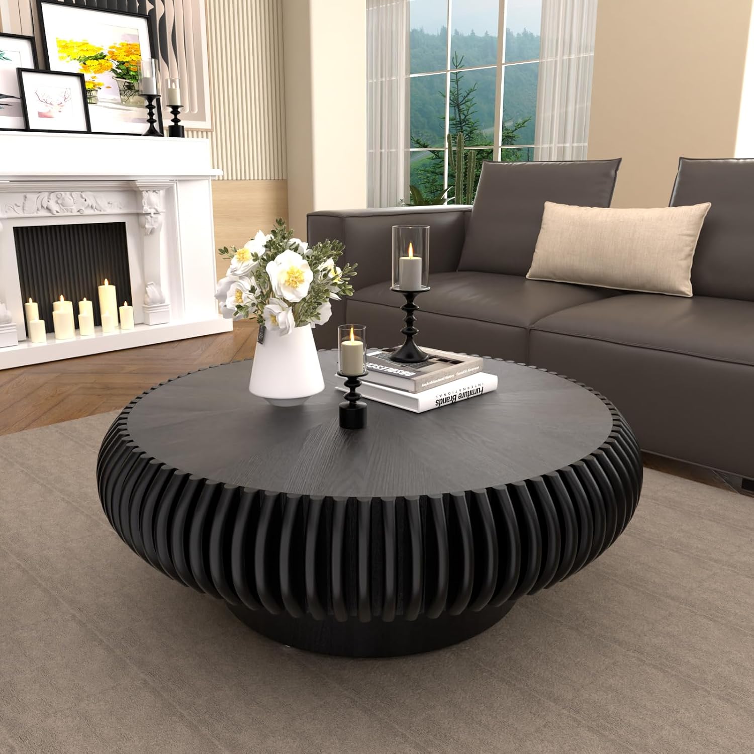 Round Drum Coffee Table with Sturdy Pedestal, Modern Wooden Fluted Coffee Table, Circle Center Table Accent Tea Table for Living Room Apartment Office Reception Room (Black D31.5)
