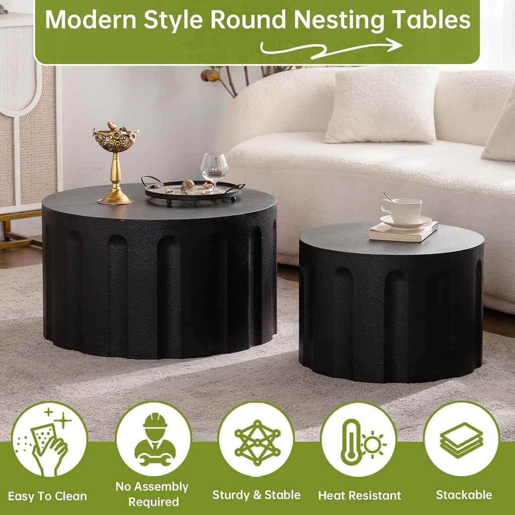 Round Nesting Coffee Table Modern Black Fluted Coffee Table Set of 2 Stripe Round Coffee Tables Drum Crescent Side Table Accent End Table for Living Room (Black D Large)