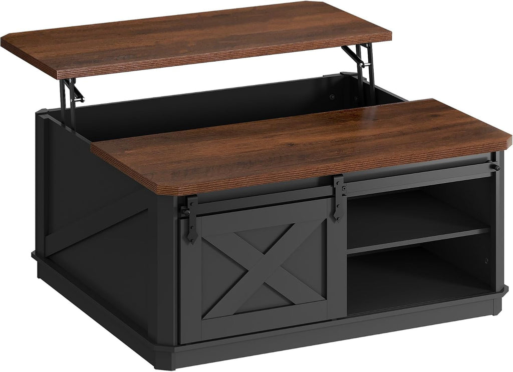 WLIVE Farmhouse Coffee Table with Storage, 35.5' Lift Top Coffee Table for Living Room, Square Center Table, Rustic Cocktail Table with Sliding Barn Doors, Curevd Base, Black