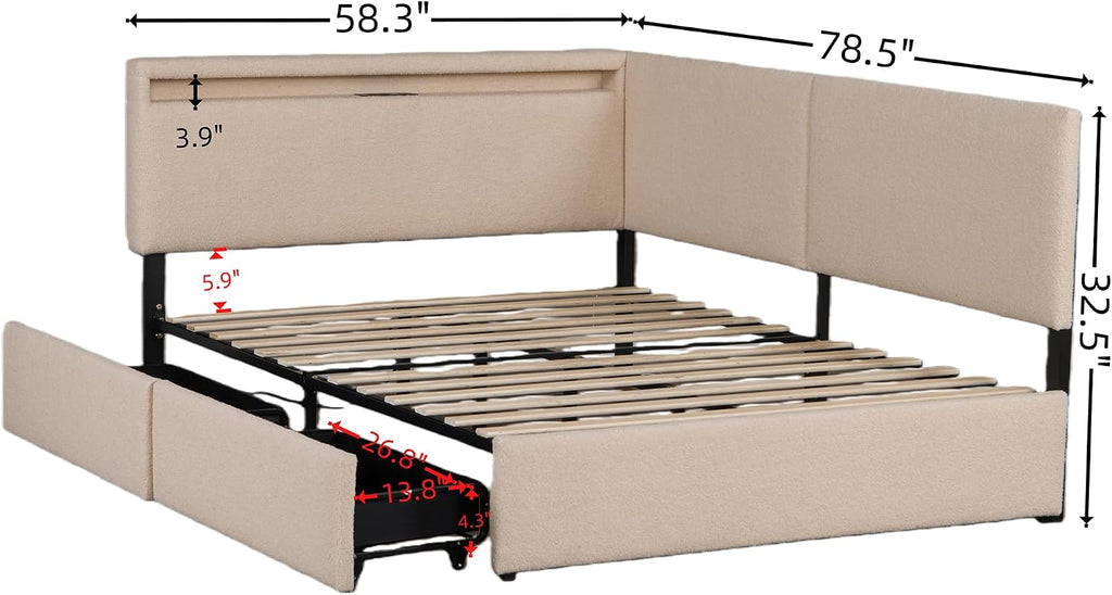 Full Size Boucle Corner Day Bed Frame with Upholstered Headboard, L-Shaped Daybed with USB Ports, Storage Drawers and Tufted Back, No Box Spring Needed, for Bedroom, Livingroom, Beige