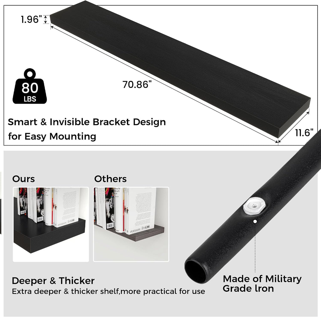 Venusmiles Floating Shelf for Wall 71 inch Long, Engineered Wood Large Wall Shelves with Invisible Brackets for Living Room Bedroom Bathroom Office Kitchen Decor and Storage, Black Finish, Set of 1