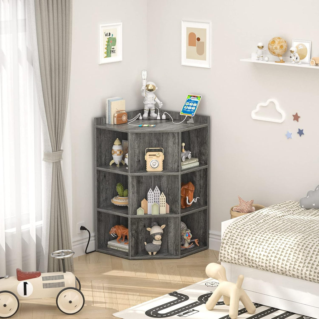 Aheaplus Corner Cabinet, Corner Storage with USB Ports and Outlets, Corner Cube Toy Storage for Small Space, Wooden Cubby Bookshelf with 9 Cubes for Playroom, Bedroom, Living Room, Grey Oak