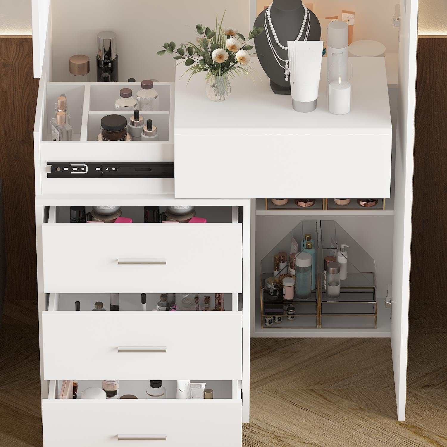 Vanity Desk with Mirror and Lights, Makeup Vanity with Drawers and Hidden Shelves, Full Length LED Mirror, Bedroom Dressing Table with Sliding Top, Grid Drawer, White, 19.7'D x 31.5'W x 63'H