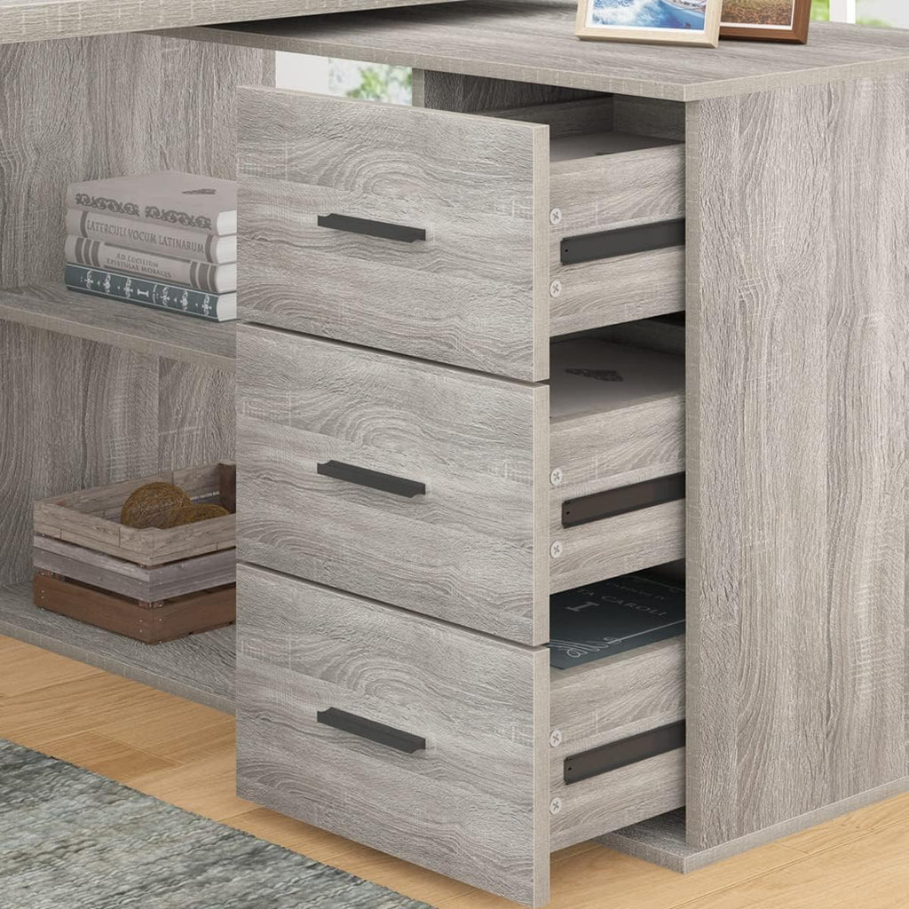 HSH L Shaped Office Desk with Drawers, Reversible Corner Wood Computer Desk Gray, Large L Shaped Desk with Storage Cabinet Shelves for Executive Writing Study, Modern Bedroom Table Grey Oak, 60 Inch