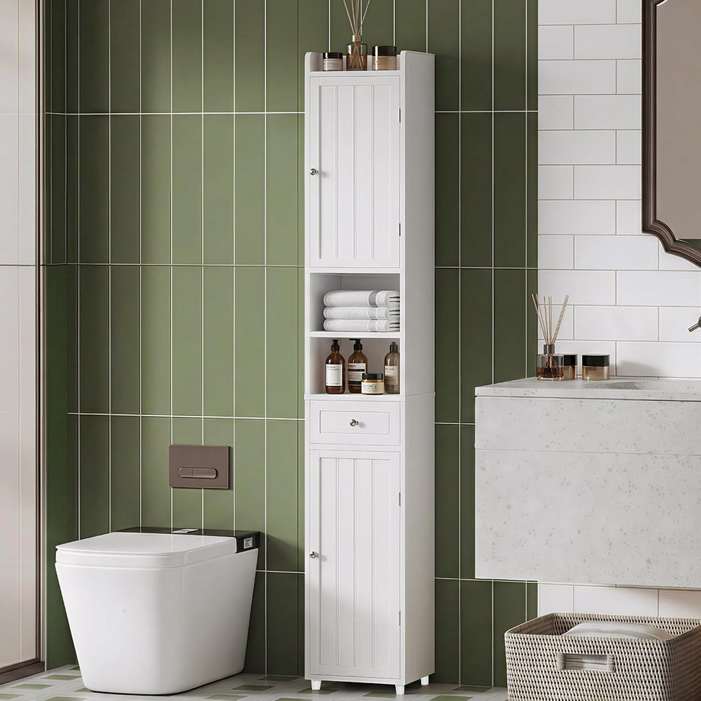 ChooChoo Bathroom Storage Cabinet with Adjustable Shelves, Tall Storage Cabinet with 2 Doors and 1 Drawer, Freestanding Cupboard for Small Spaces, White, 11.8 Inches Wide