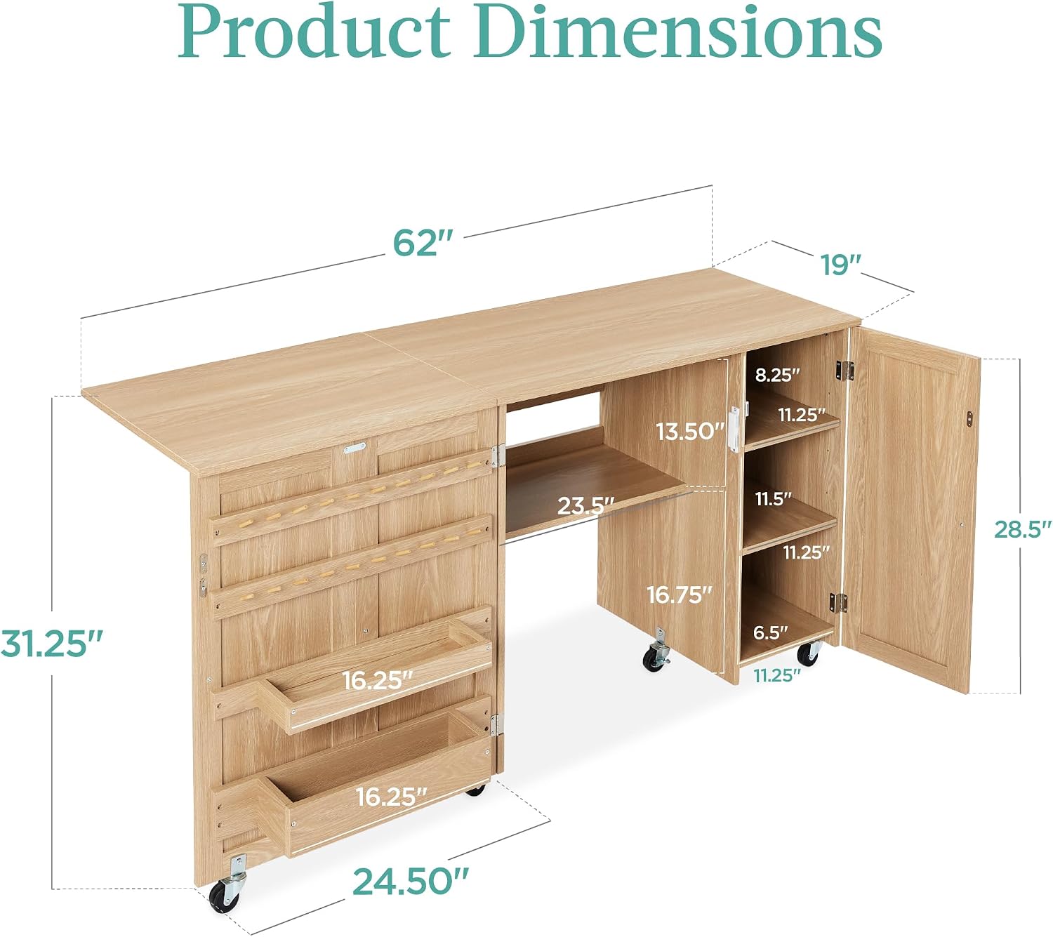 Best Choice Products Large Folding Sewing Table, Multipurpose Portable Craft Station & Side Desk w/Compact Design, Caster Wheels, Storage Shelves, 2 Storage Trays, Magnetic Doors - Light Brown
