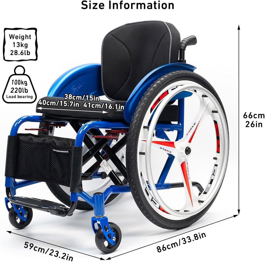 Sports and Leisure Wheelchairs for Adults,Lightweight Transport Wheelchair,Portable Self-propelled Manual Wheelchairs,Folding All-Terrain Wheelchair,Aluminum Alloy Wheelchair(Red,40cm/15.7in)