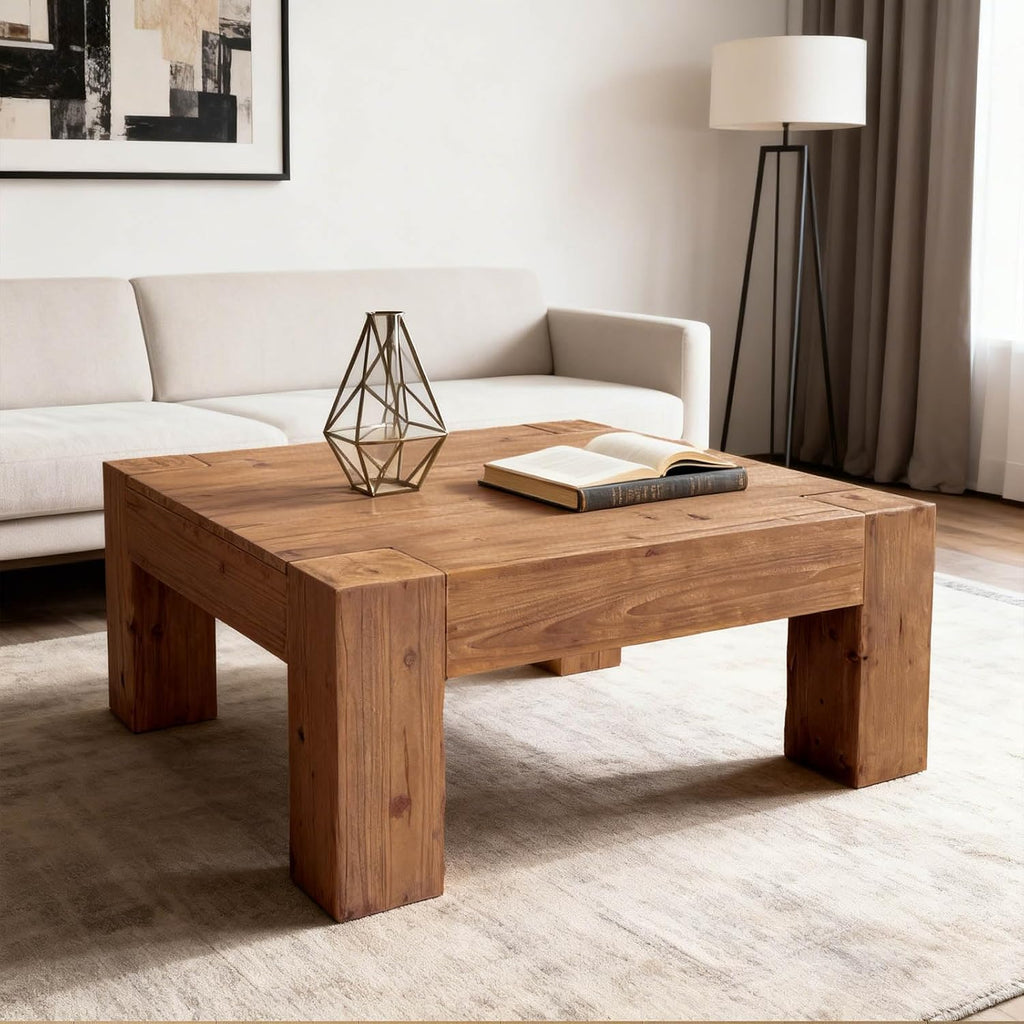 SSLine Solid Wood Coffee Table 39.4-Inch Square Coffee Table for Living Room,Farmhouse Cocktail Center Tables with Thicken Top and Sturdy Legs,Walnut