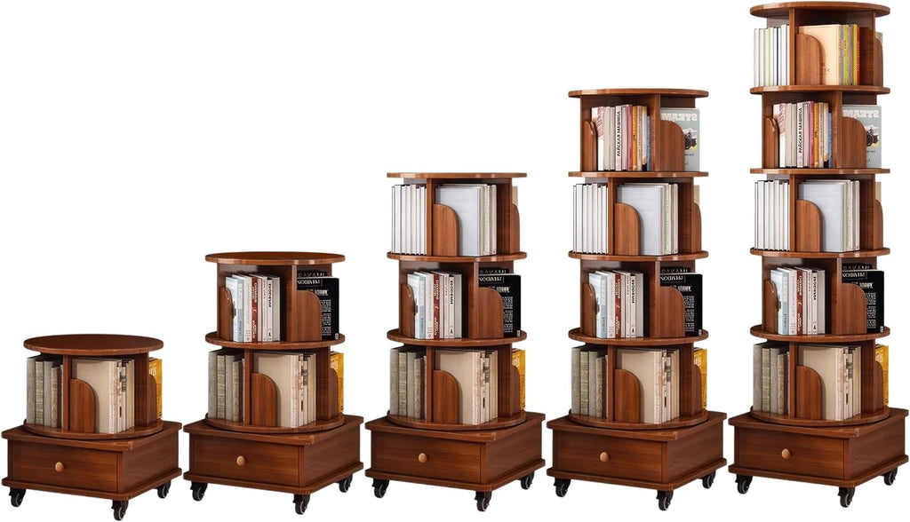 KEIKI 6 Tie Rotating Bookshelf with Drawers On Wheel, Corner Bookcase Display Shelf, 360 Display Corner Bookshelf for Bedroom, Living Room, Study Room, Walnut Brown