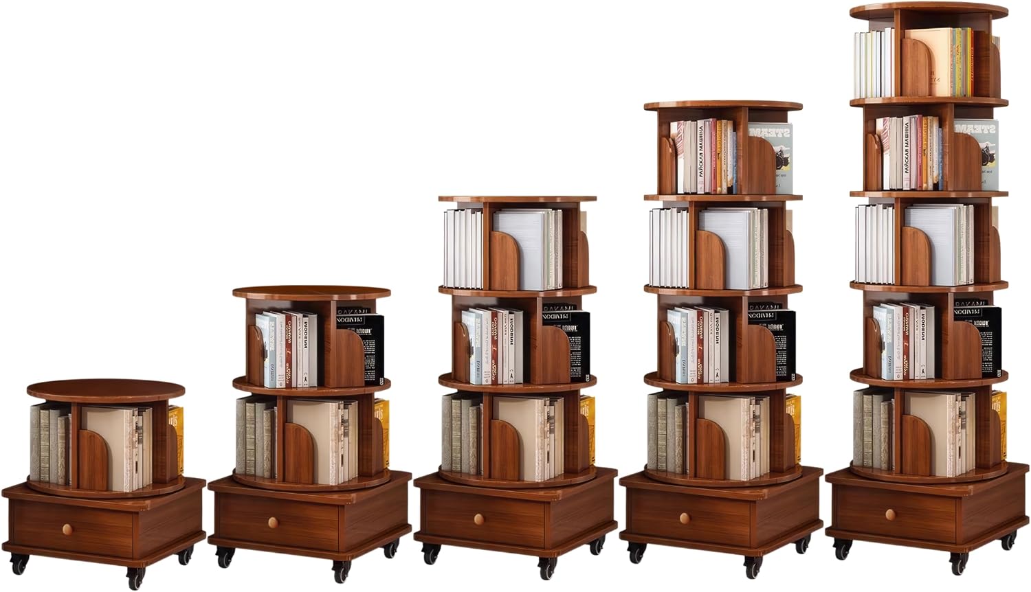 KEIKI 6 Tie Rotating Bookshelf with Drawers On Wheel, Corner Bookcase Display Shelf, 360 Display Corner Bookshelf for Bedroom, Living Room, Study Room, Walnut Brown
