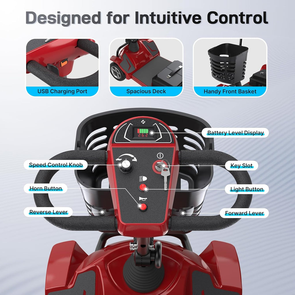 Hoverfly T4 Mobility Scooter for Seniors, Max 12.4-Mile Range & 3.7 mph, 3-Position Seat & Anti-slip Rear Wheel, Removed Battery&Quick Fold Design, Solid 9' Tire &330 lb Capacity, Ease of Assembly Red