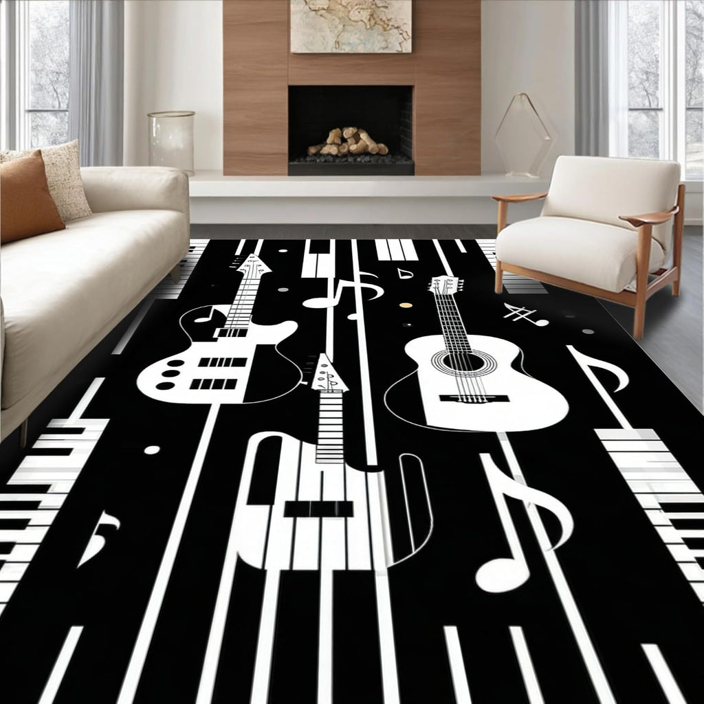 Flatwoven High Traffic Area Rug 4x6, Acoustic Guitar and Piano Keys for Music Lovers, Non Slip, Stain Resistant, Washable Area Rugs for Living Room, Bedroom (Black, 4x6, Pad)