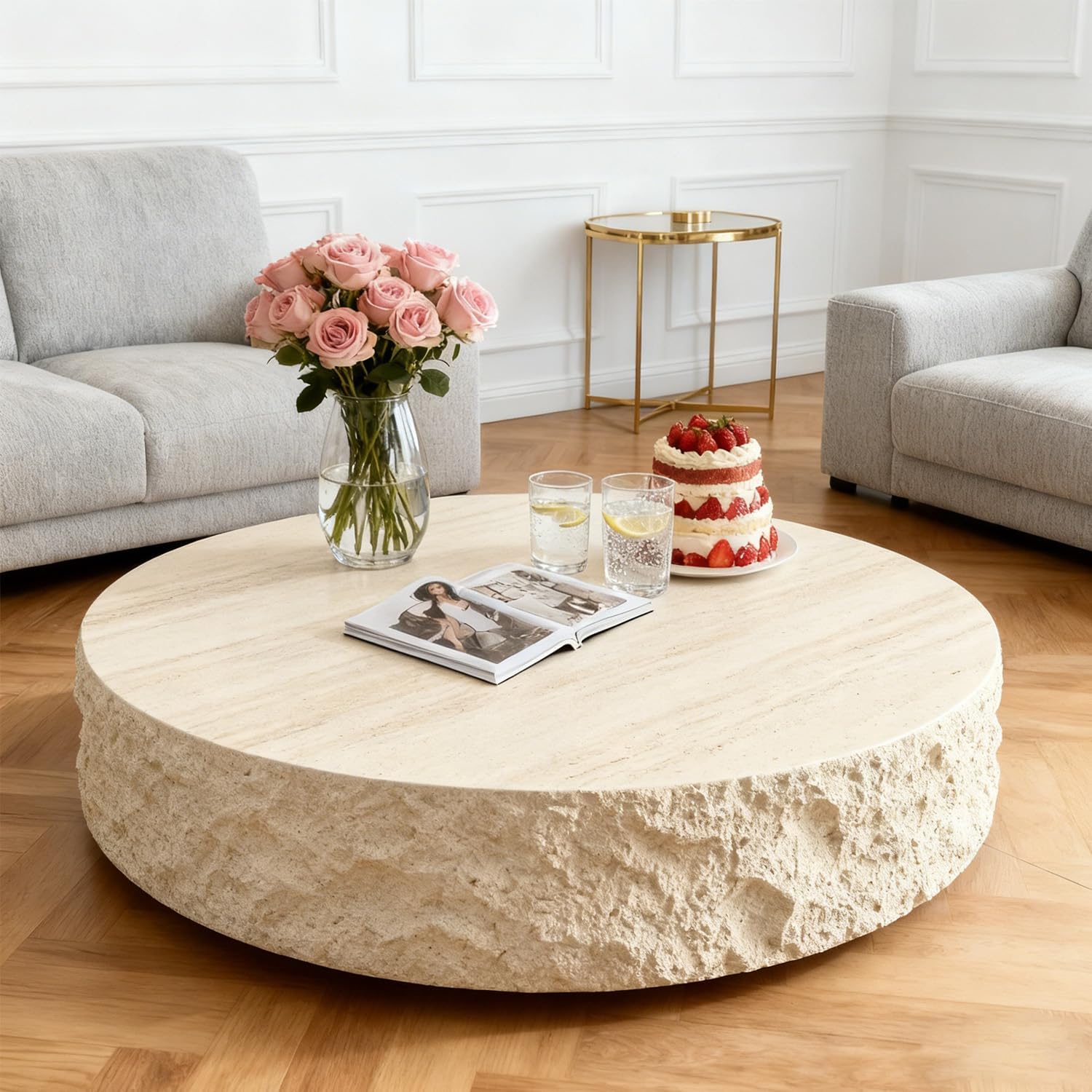 35.43'' Modern Round Coffee Table for Living Room, Faux Marble Stone Coffee Table, Minimalist Circle Center Side Table, Accent End Table for Bedroom Apartment Office, No Need Assembly, Beige