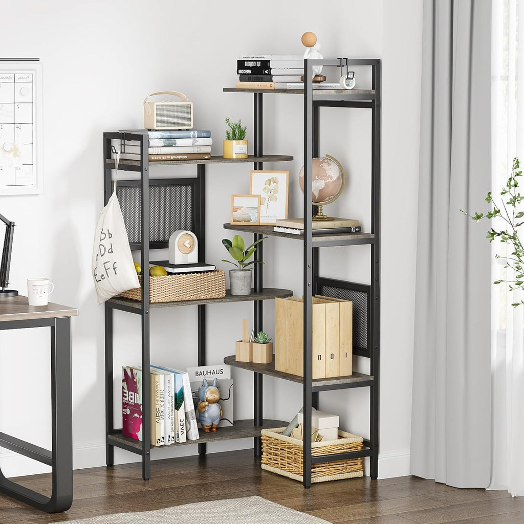 Gezen 6-Tier Industrial Bookshelf Wood Bookcase with Metal Frame, Tall Office Book Shelves Wooden Etagere Book Shelf, Open Storage Shelving Unit for Living Room/Study Room/Bedroom(Black Oak)