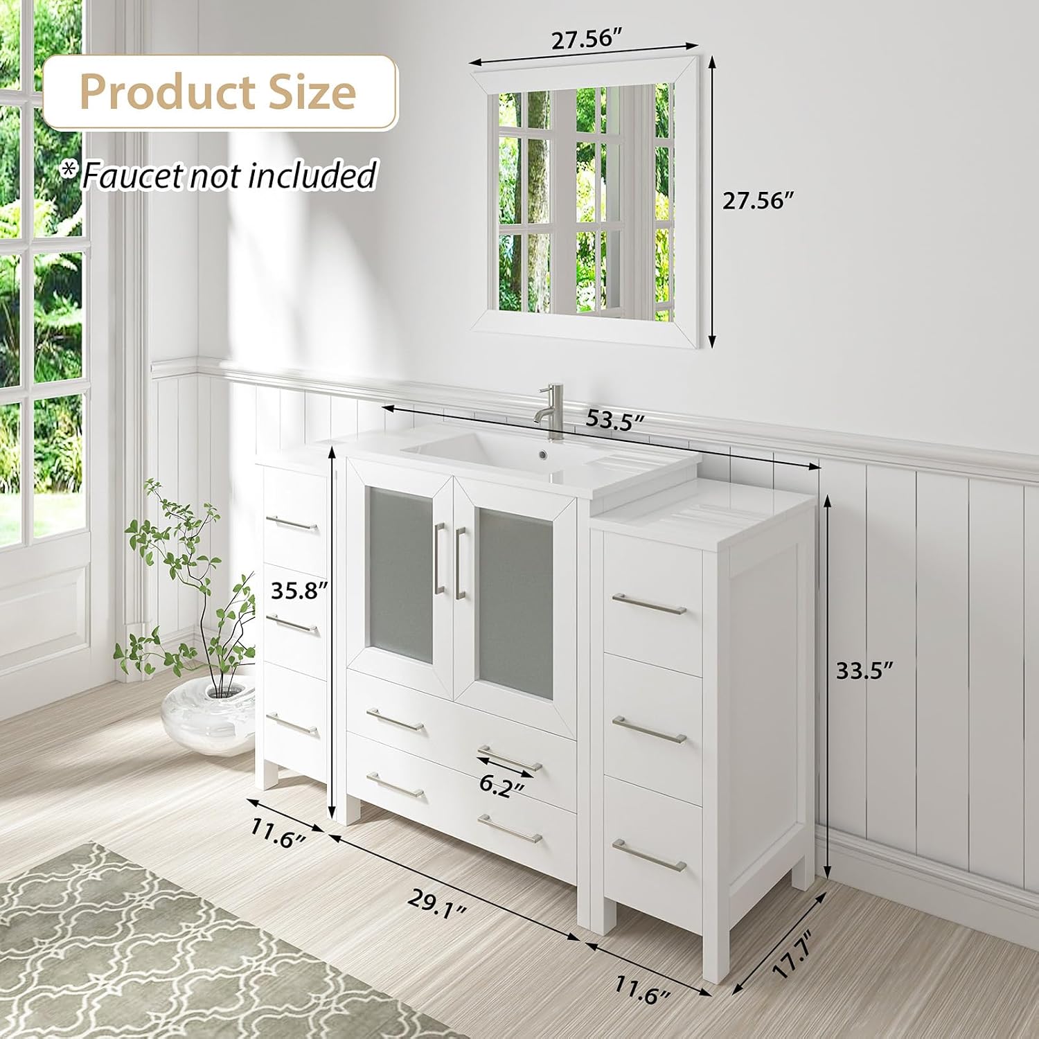 Vanity Art 54 Inch Under Mount Single Sink Bathroom Vanity Cabinet with 1 Mirror, Ceramic Top Bathroom Cabinet Compact Set with 8 Dovetail Drawers and Brushed Nickel Handles, VA3030-54-W