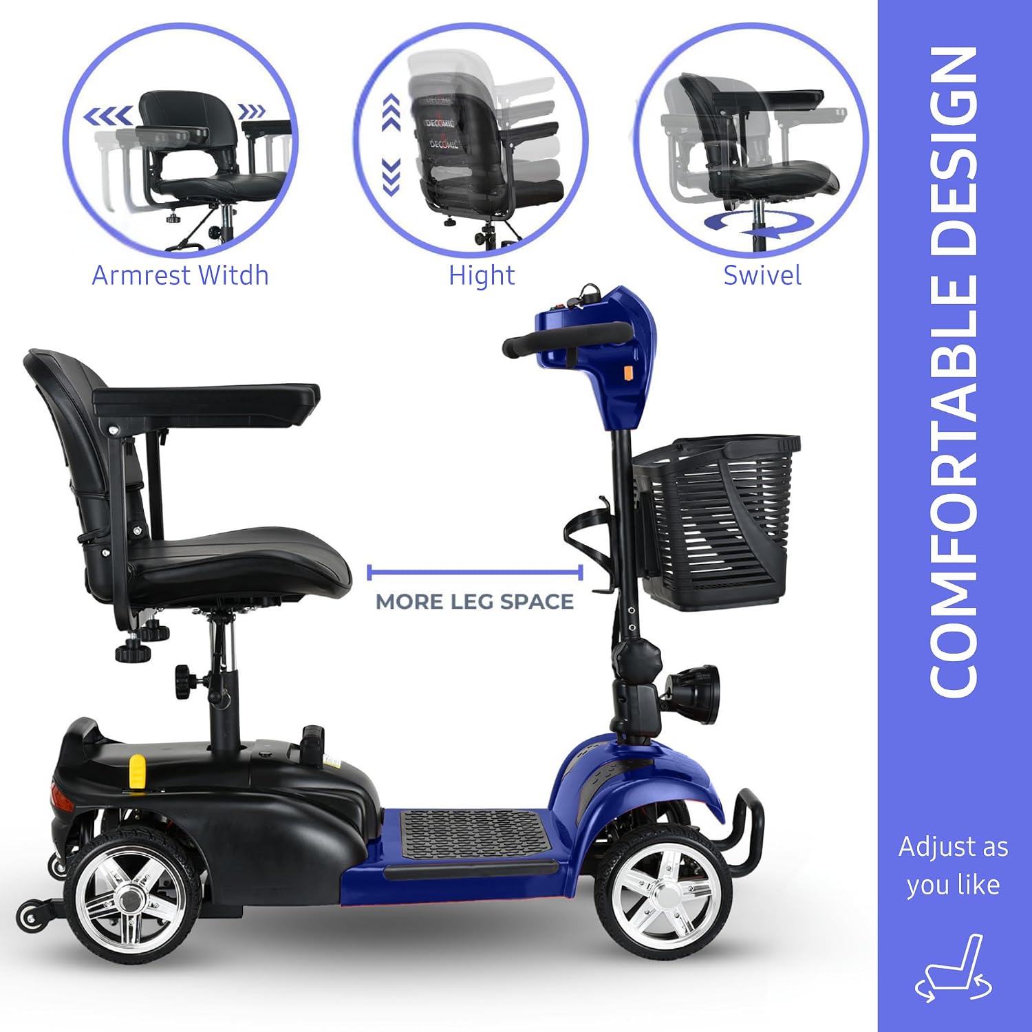 DECOMIL Mobility Scooter for Seniors – 20 Miles Range, 4 Wheel Foldable Electric Scooter, 24V 20Ah Battery, 300W Motor, 285 lbs Capacity, Travel Scooter with USB Charging Input,