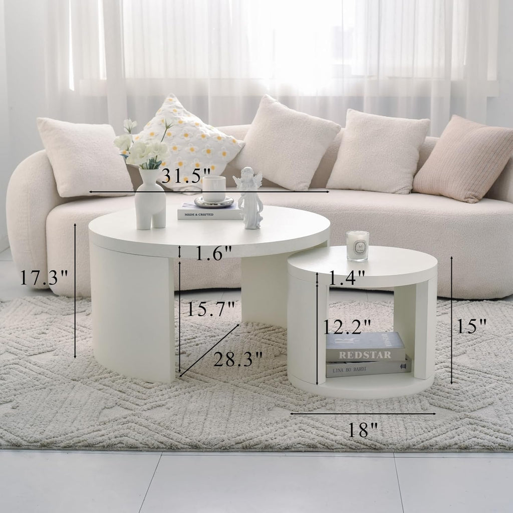 Round Coffee Table Set of 2, Nesting Coffee Tables with Storage, Living Room Table Set, Modern Wood Center Table for Living Room, Apartment, 31.5' & 18' Accent Table Set, Textured White
