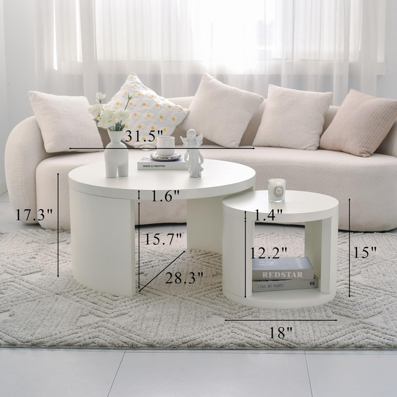 Round Coffee Table Set of 2, Nesting Coffee Tables with Storage, Living Room Table Set, Modern Wood Center Table for Living Room, Apartment, 31.5' & 18' Accent Table Set, Textured White