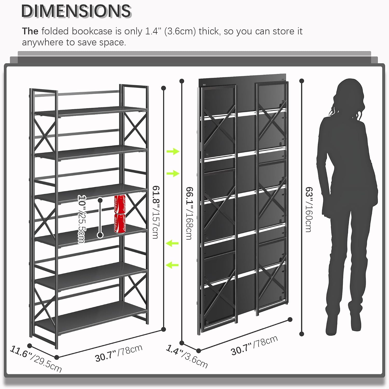 4NM Extra Wide 6 Tiers No Assembly Book Shelves, 61.8' H Folding Bookshelf Bookcase Open Industrial Foldable Shelves for Bedroom, Living Room, Home Office - All Black