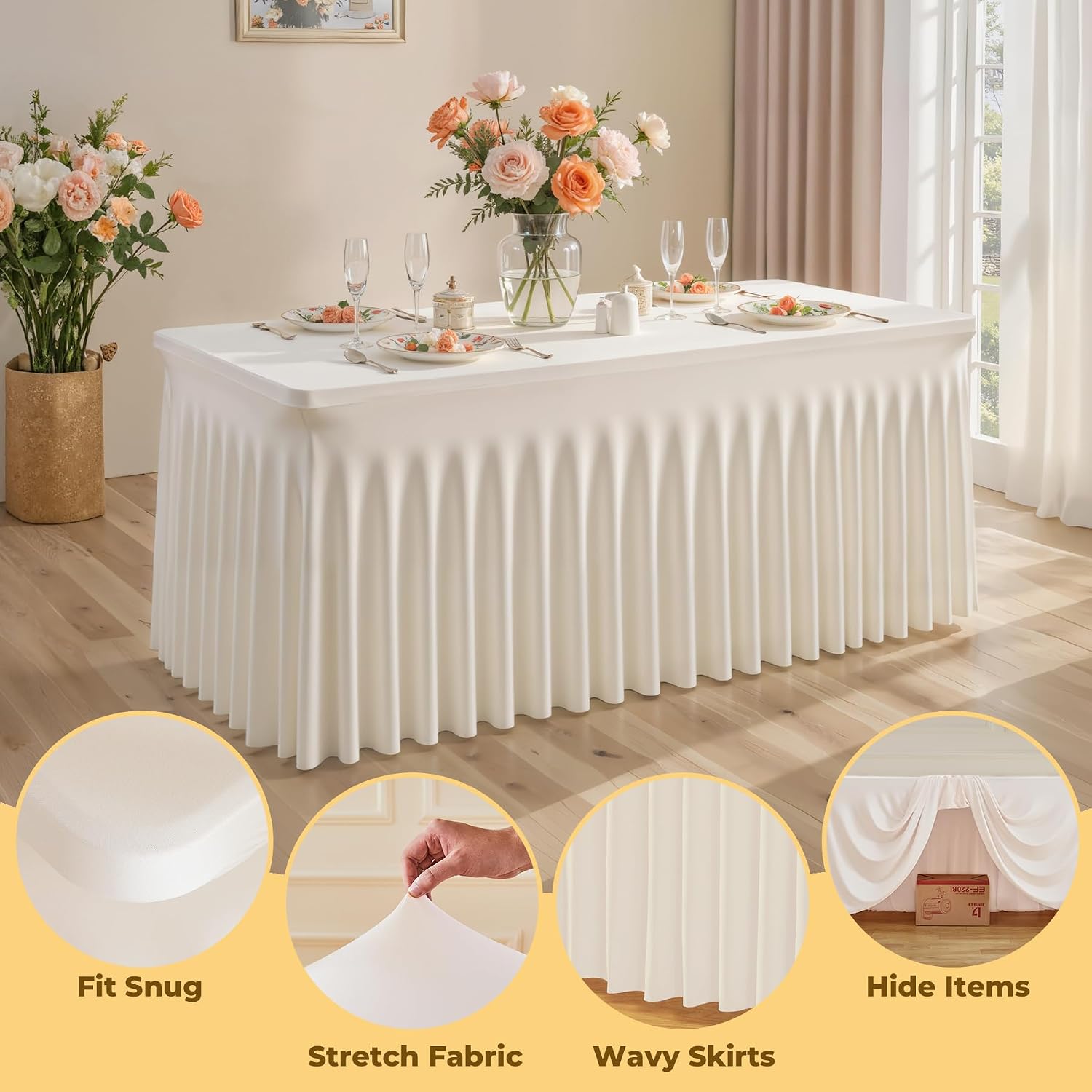 6 Pack Beige Spandex Fitted Tablecloth 8 Foot - Stretch Table Clothes for 8 FT Rectangle Table, Washable Ruffles Elastic for Weddings, Buffet, Banquet, Trade Craft Show, Party Celebration
