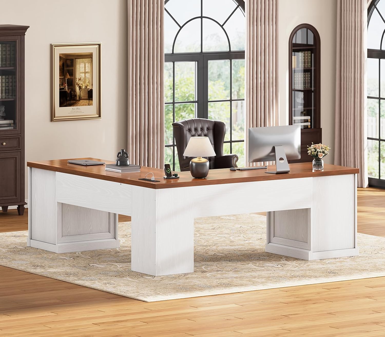 SEDETA L Shaped Desk with 4 Drawers, 67'x 67' Executive Home Office Desk with File Drawers & Storage Cabinet, Corner Computer Desk with Power Strip for Bedroom, Brown+White