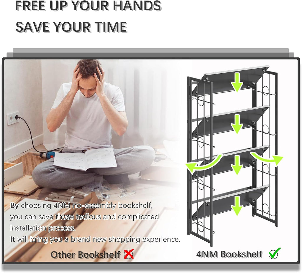 4NM No Assembly 4 Tiers Folding Bookshelf, 47.2' H Foldable Storage Shelves Vintage Bookcase Standing Racks Study Organizer Home Office - All Black
