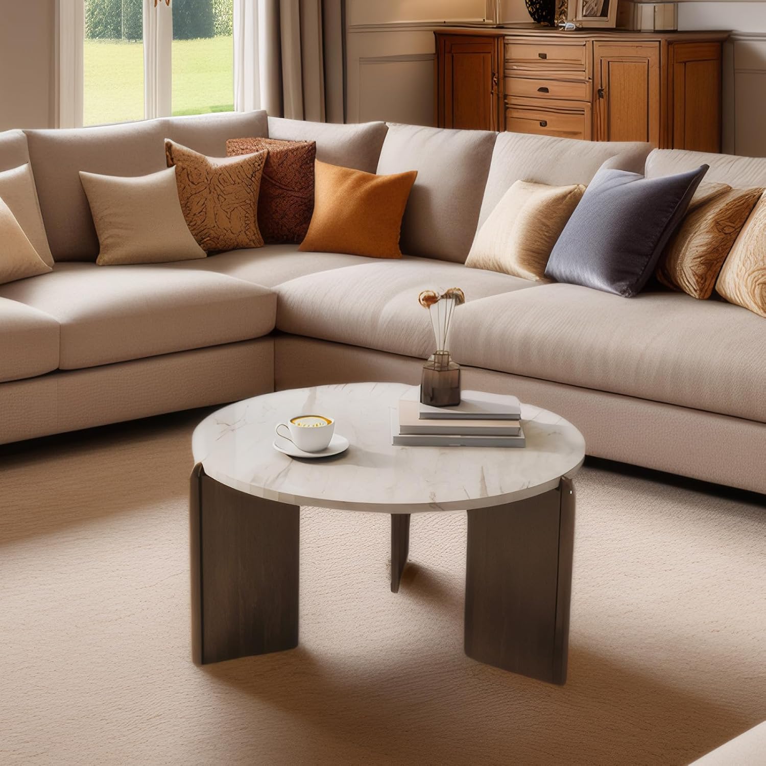 Travertine Texture Coffee Table 31.5 inch Modern Faux Marble Coffee Table Low Circle Center Table for Living Room Round Accent Table with Three-Legs for Apartment, White