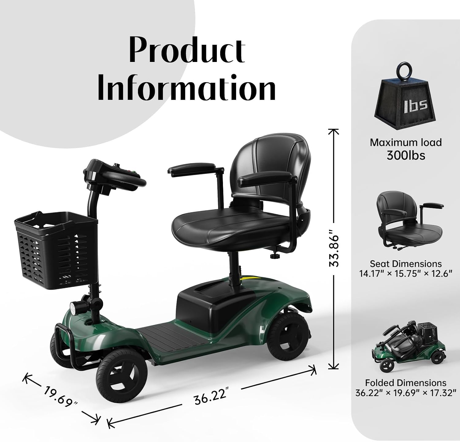 Mobility Scooter,4 Wheel Mobility Scooter,300LBS Capacity,Lightweight and Portable,with LED Headlights and Basket,Charger Included,Gifts Suitable for Elders,Green