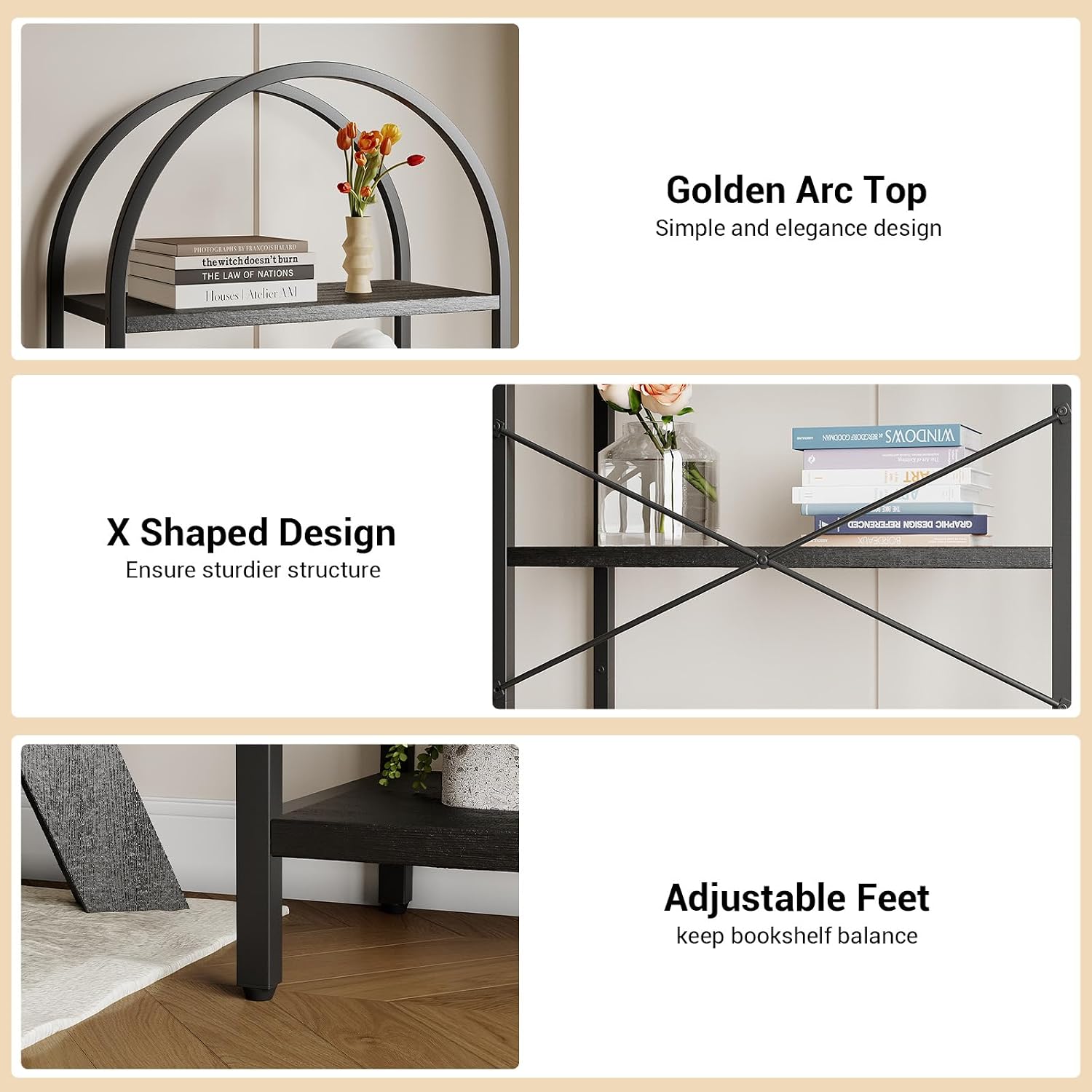Takywep Bookshelf, Arched Bookcase with Metal Frame 5 Tiers Bookshelf Industrial Arched Cabinet Display Shelf Floorstanding Storage Shelving Unit for Bedroom, Living Room and Home Office, Black
