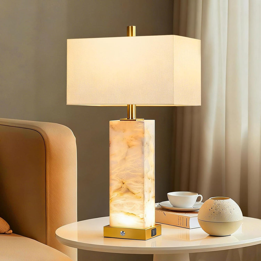 25.6' Alabaster Lamp, Marble Lamp Nightstand Lamps Set of 2, Modern Table Lamp with USB Ports, 3-Color Temperatures Bedside Lamps with Nightlight, Table Lamps for Living Room Bedroom, Bulbs Included