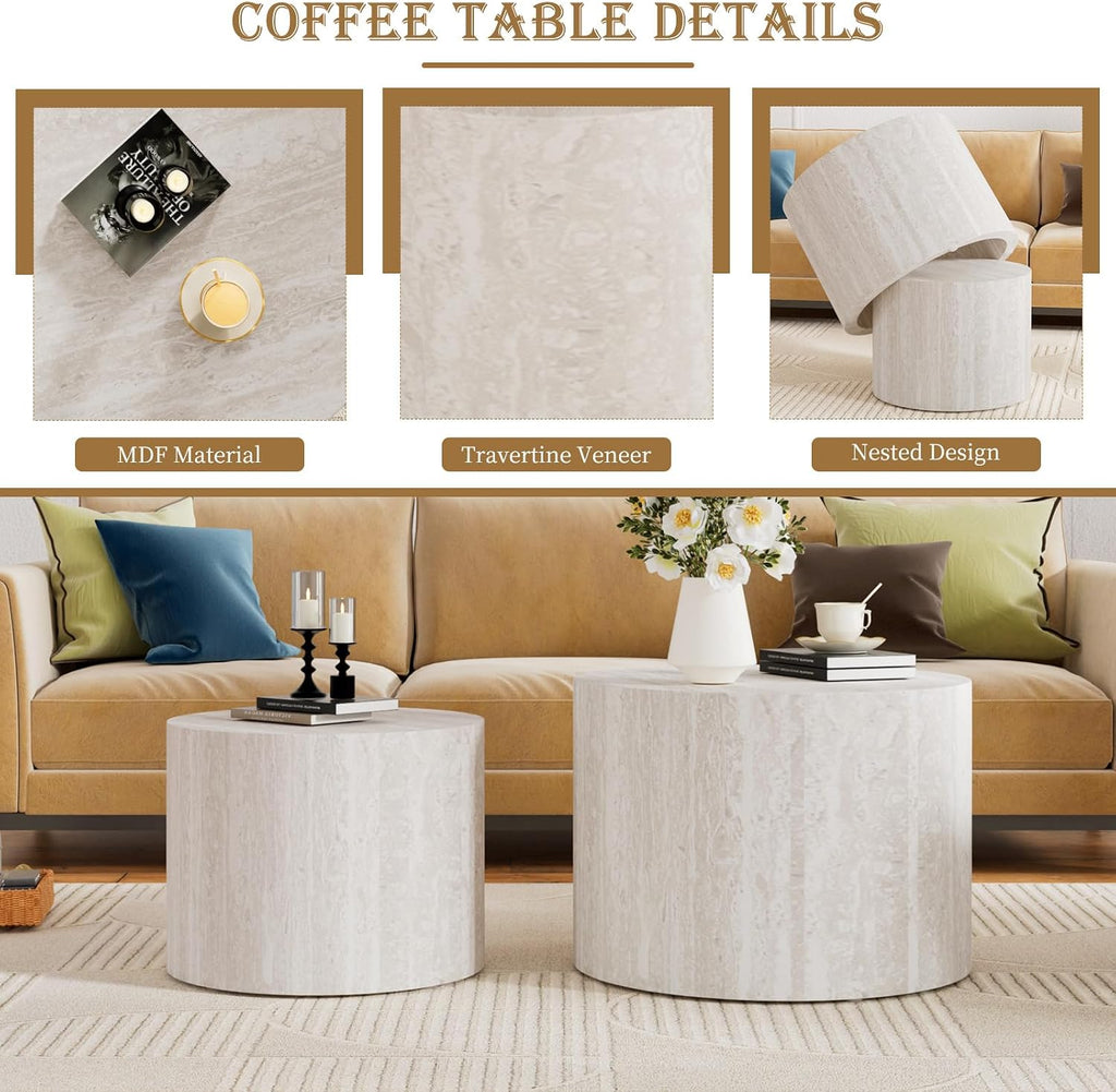 Round Nesting Coffee Table Set of 2, Travertine Coffee Table Circle Drum Side Table Small End Table Minimalist Center Tables for Living Room Office, No Assembly (Travertine)