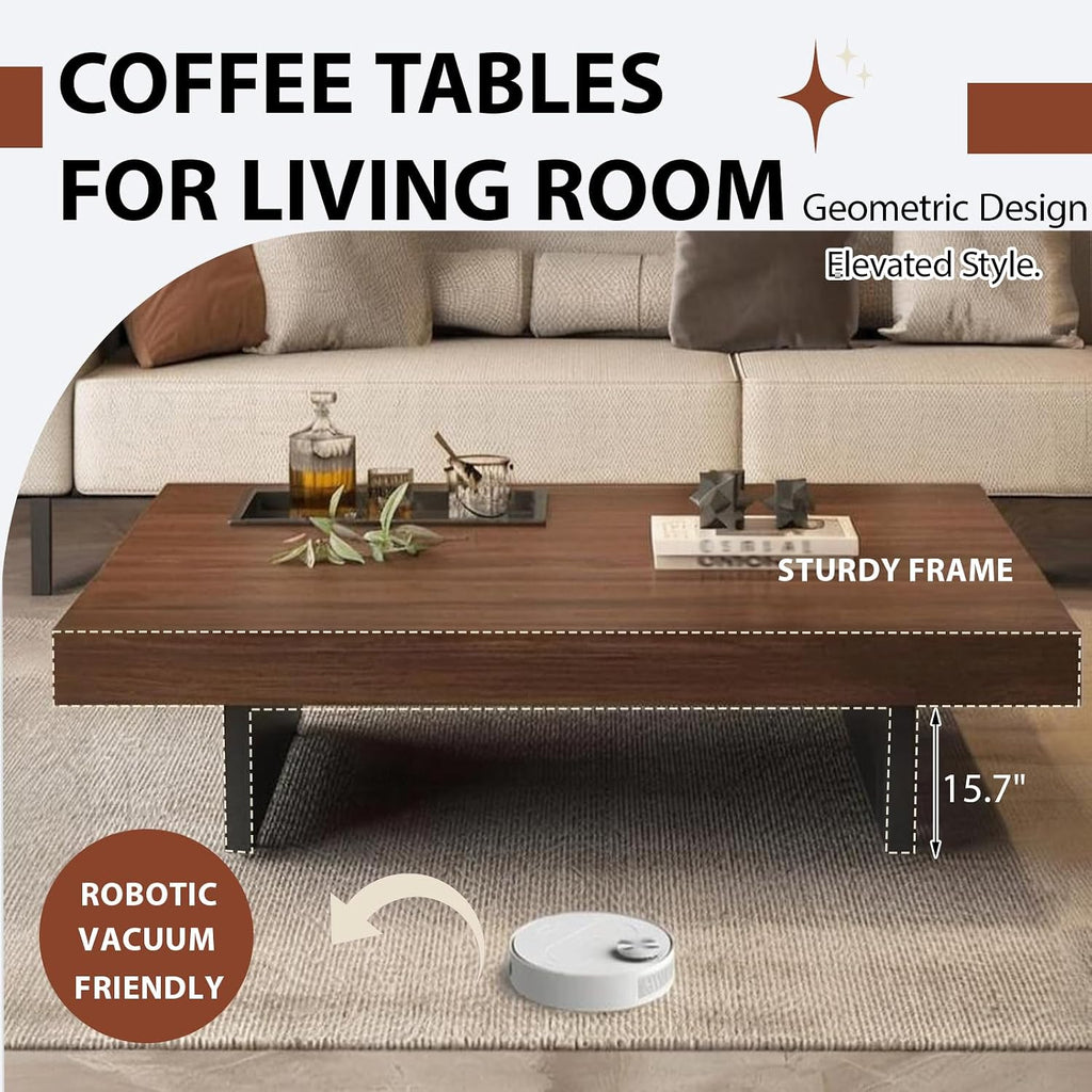 Coffee Table, Solid Wood Farmhouse Coffee Tables with Adjustable Foot Pads, Modern Large Square Center Tables for Living Room Black 31.5'x19.7'x 17.7'