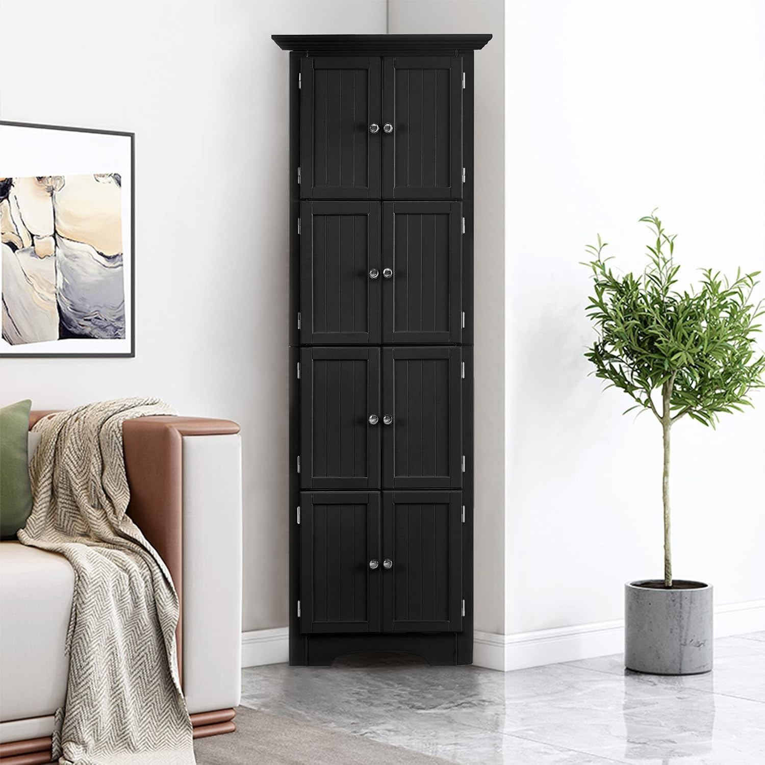 Tall Corner Storage Cabinet with Doors and 4 Shelves, Freestanding Triangle Cabinet for Living Room, Kitchen, Office, Small Space, Floor Corner Storage Rack (Black)