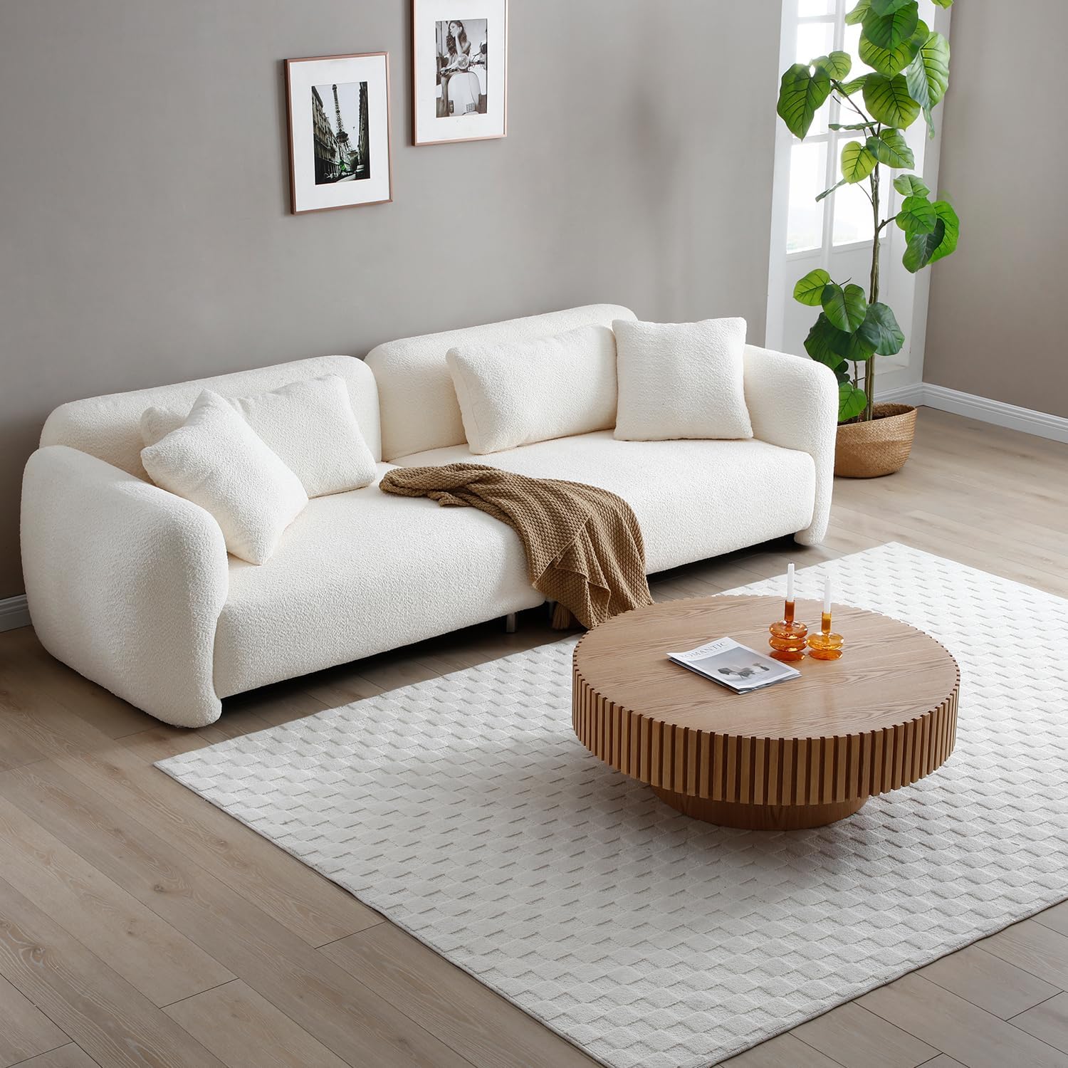 39.37'' Oak Round Coffee Table for Living Room, Modern Wood Contemporary Circle Fluted Drum Style, Easy Assembly, Oak(ø39.37'' x 13.42'')