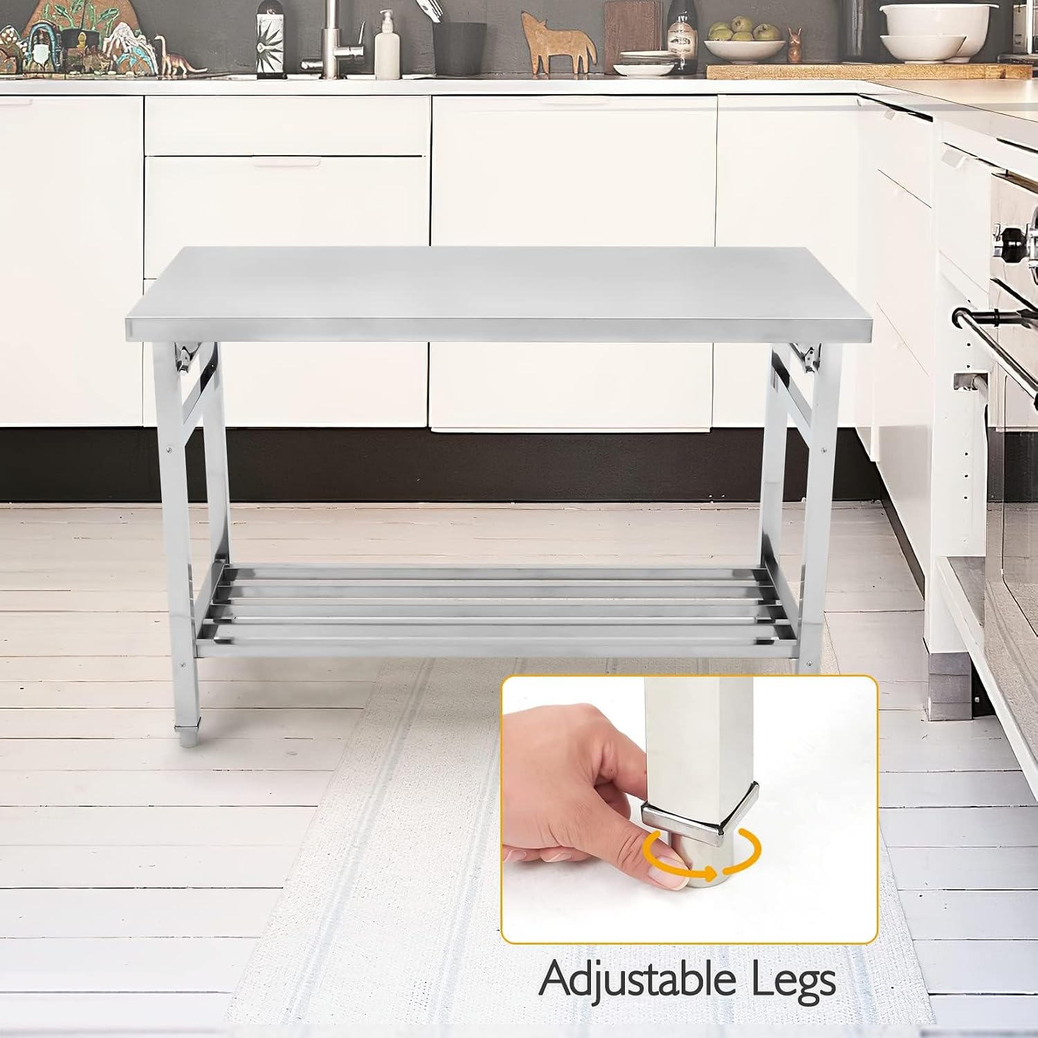 Garvee 48x24 Inch NSF Stainless Steel Folding Table – Heavy-Duty Commercial Prep Table for Kitchen, Restaurant & Home, 500 lbs Capacity with Adjustable Undershelf, Easy to Assemble