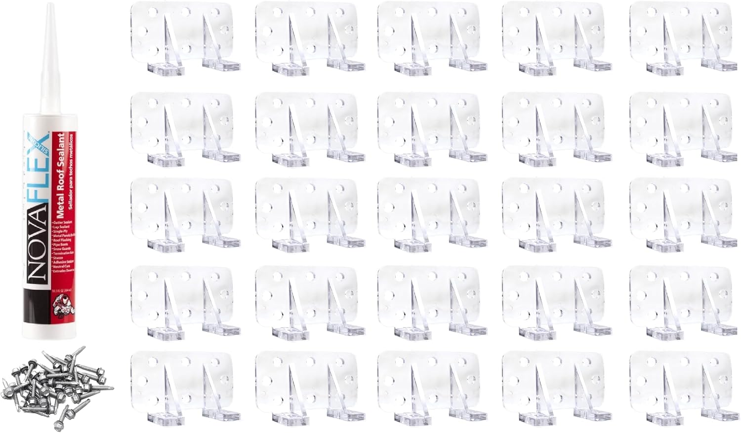 Clear Plastic Keystone 25 Piece Jumbo Snow Guards with Mechanical Fastening Mounting Hardware Kit - Includes 1.5' #14 Self-tapping Screws with Neoprene Washers for Metal Purlins & (1) Tube of Sealant
