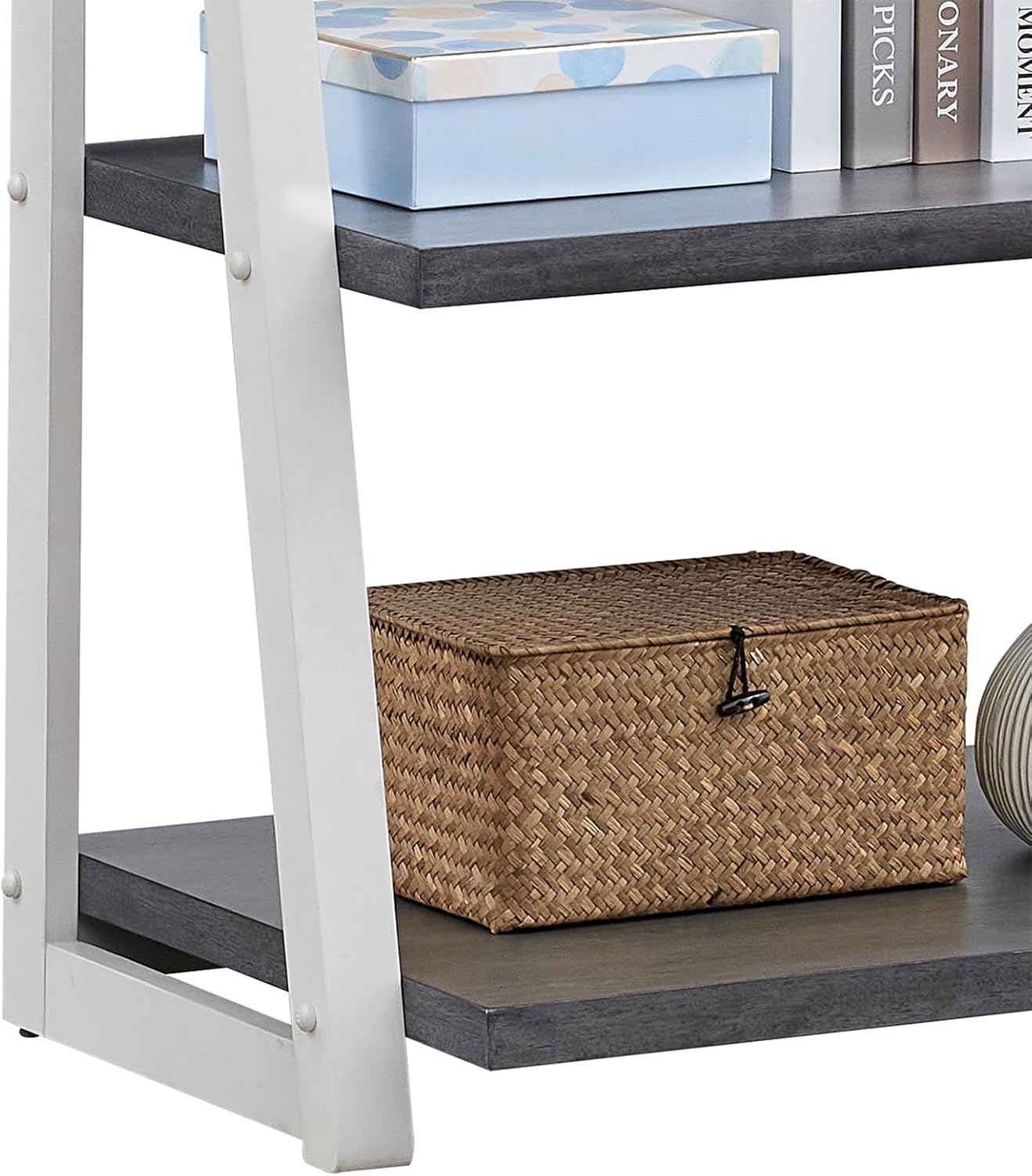 Ladder Shelf, 5-Tier Bookshelf Bookcase, Freestanding Corner Storage Shelves with Wood Frame for Home Office, Living Room, Kitchen, Bedroom, Grey+White