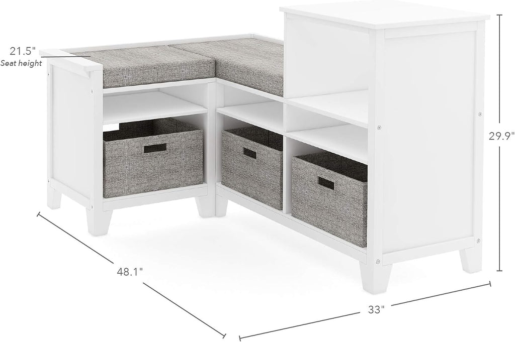 Martha Stewart Kids' Corner Nook - Linen White: Wooden Storage Bench Bookcase Organizer with Seat Cushion and Fabric Bins for Reading in Bedroom or Playroom