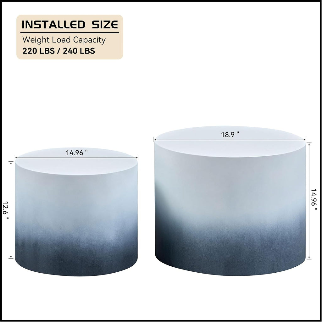 WILLIAMSPACE 18.9' Gradient Color Nesting Coffee Table Set of 2 for Living Room, Modern Round Coffee Tables Accent Circle Tea Table Set for Small Space, No Assembling, White + Blue
