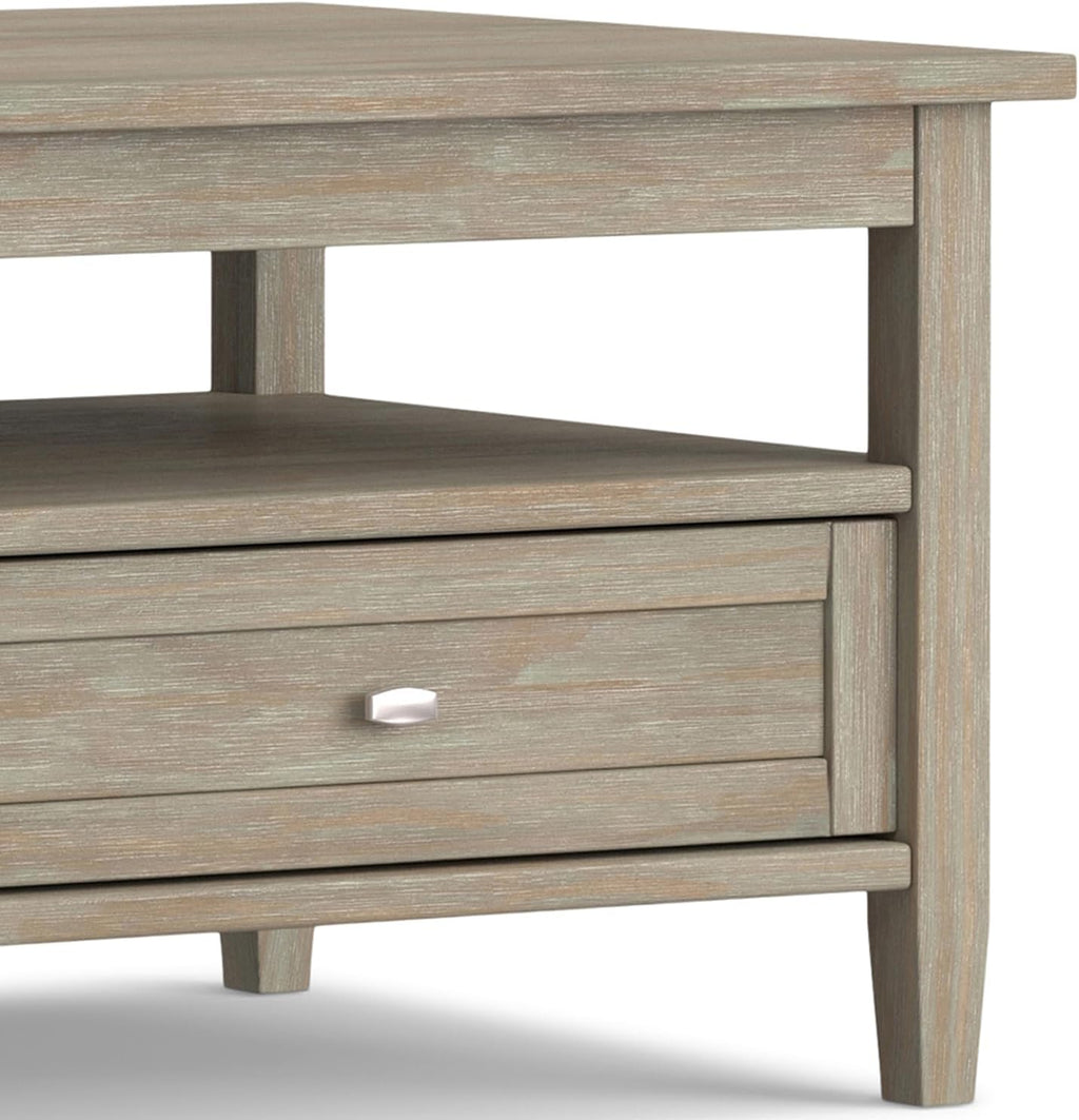 SIMPLIHOME Warm Shaker Coffee Table - 48 inch Wide Solid Wood Coffee Table in Distressed Grey, Transitional Living Room Table with 2 Drawers, Open Shelf, Shaker Fronts and Tapered Legs